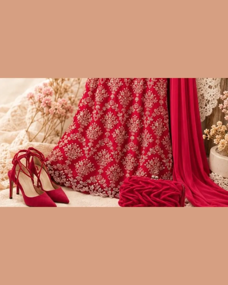 Ilustração do catálogo: barra do vestido vermelho bordado, scarpin vermelho de amarrar, clutch franzida e echarpe