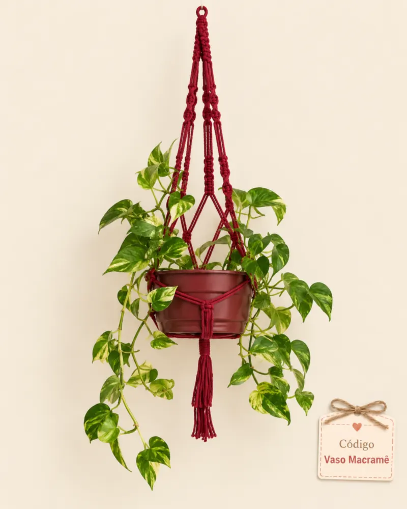 Suporte de macramê pendente em cordão vinho, com vaso vinho e planta de folhas verdes e amarelas caindo pelos lados